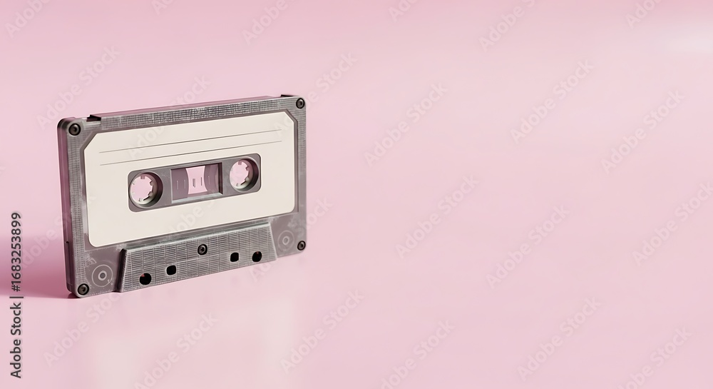 Fototapeta premium Nostalgic retro audio cassette tape presented on gentle pink background