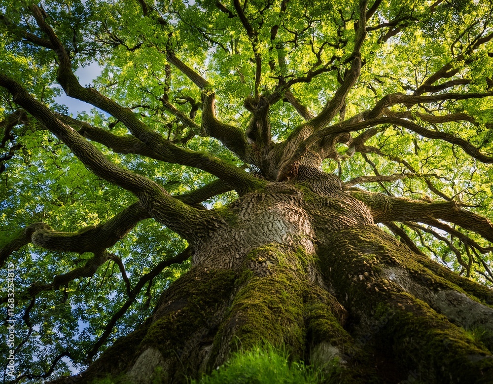 Fototapeta premium a large green tree with sprawling branches stands tall its leaves are lush and vibrant signifying life and growth