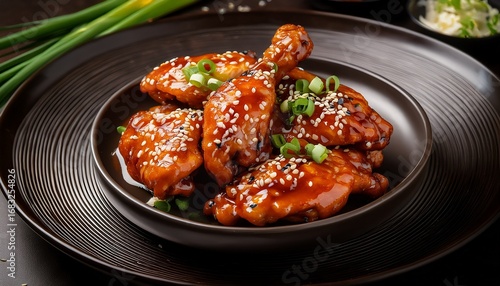 delicious korean fried chicken glazed with sticky sauce garnished with sesame seeds and green onions