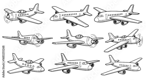 Airplane line drawing icon set. Sketch doodle plane, propeller aircraft, transport vector. Black and white aviation vehicle illustration.