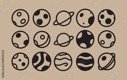 Whimsical hand drawn planets and celestial bodies in a doodle style