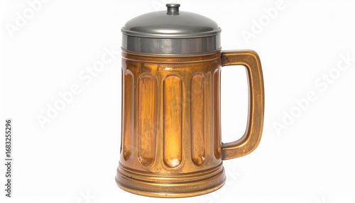 Wallpaper Mural Wooden beer stein with handle, filled with golden lager, isolated on white, Oktoberfest rustic mug. Generated image Torontodigital.ca