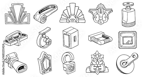 Line doodle vintage device gadget icon set. Sketch tech gear lock, knob, switch symbol line. Deco graphic accessory vector illustration