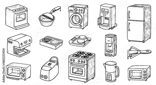 Kitchen appliances line drawing set. Cooking, refrigeration, cleaning equipment. Home, domestic, technology, household, cookware, food, clean