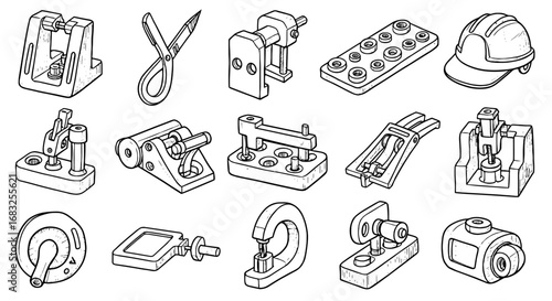 Line sketch tools, equipment, and safety helmet set. Hand drawn pen outline engineering instruments and gear elements. Vector illustration