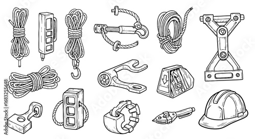 Hand-drawn line sketch construction equipment set. Safety, hooks, ropes, and industrial tool doodle icons. Vector illustration