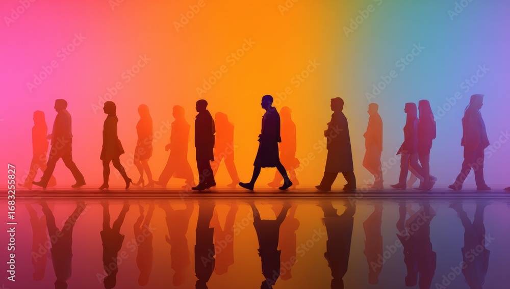 Fototapeta premium Silhouette crowd walking in colorful gradient