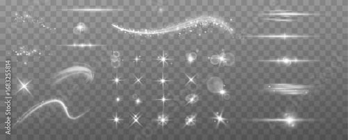 Light effects.Wind glare, explosions, shine, dust, lines, solar flares, sparks, sequins, stars, curved curls. Glow special effect of light