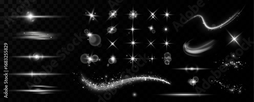 Light effects.Wind glare, explosions, shine, dust, lines, solar flares, sparks, sequins, stars, curved curls. Glow special effect of light