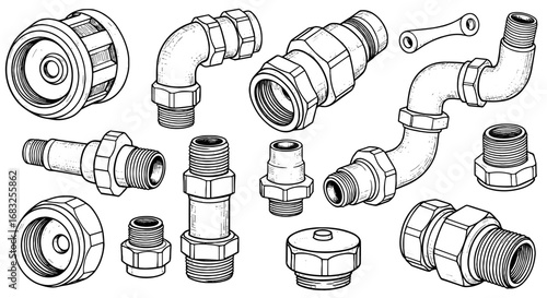Sketch line plumbing parts fittings hardware set. Pipes, connectors, valves, couplings for plumbing or industrial applications. Vector illustration
