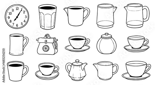 Coffee time: clock, cups, and pots line art.