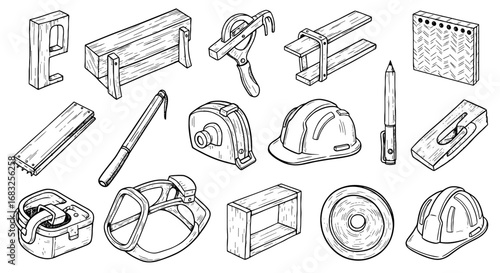 Construction tools sketch element icon set. Hand drawn building tool vector graphic. Hardhat, level, measure, pencil scribble build shape. Vector illustration