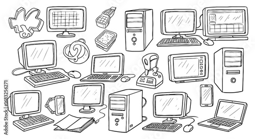 Line sketch vintage tech object set. Hand drawn computer monitor, laptop, phone device icon. Scribble drawing pc hardware item. Vector illustration