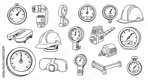 Hand drawn tool, gauge, clock sketch set. Doodle instrument, manometer, equipment, safety helmet line icon vector illustration