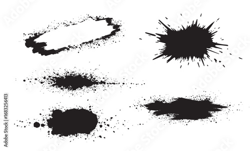 Five irregularly shaped pixelated black ink splatters of varying sizes and forms on a white background