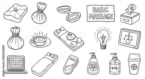 Line art massage and wellness doodle set. Essential oil, spa items, relaxation massage equipment vector sketch illustration