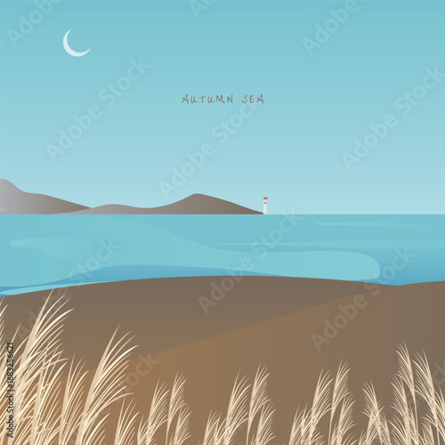 한국의 가을바다와 등대가 보이는 풍경 일러스트