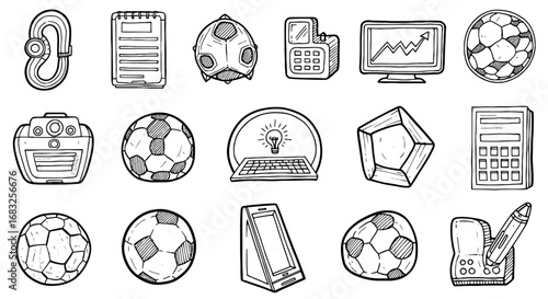 Sketch line object icon set. Hand drawn doodle tech device, sport ball, office tool. Vector illustration