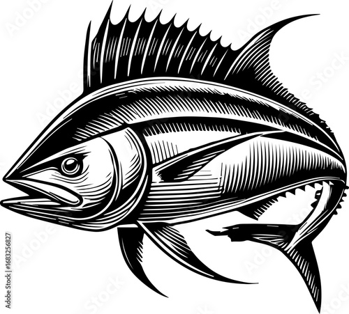 Detailed black and white illustration of a large fish with prominent fins and sharp teeth swimming