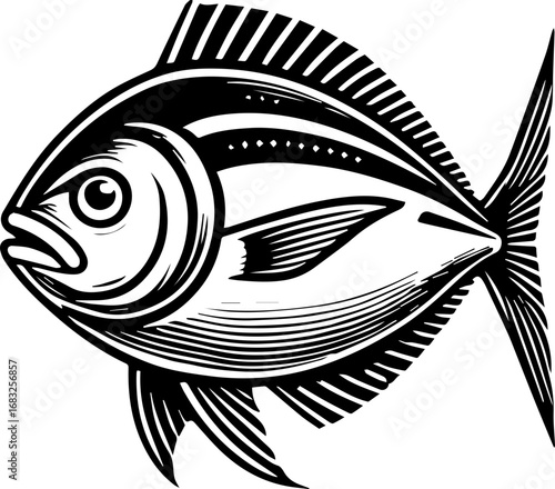 Illustration of a detailed black and white pompano fish with prominent fins and a round body shape style art
