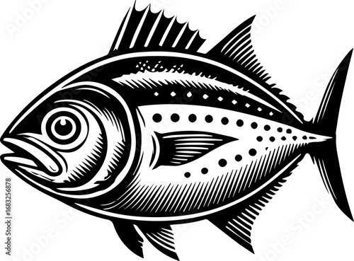 Illustration of a black and white fish with detailed fins and scales in a woodcut style design element