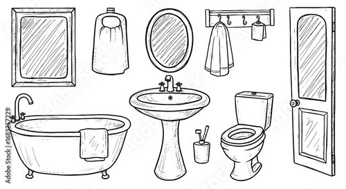 Line hand drawn bathroom sketch set. Toilet sink tub door mirror towel for scribble design. Home element set vector illustration