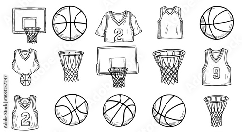 Sketch basketball hoop, ball, jersey element set. Hand drawn doodle sports sketch icon. Sport athletic shape scribble texture graphic illustration.