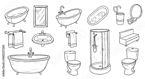 Line art bathroom fixture set. Sketch pencil style furniture icons: bath, sink, mirror, toilet, towel rack, shower stall and bench.