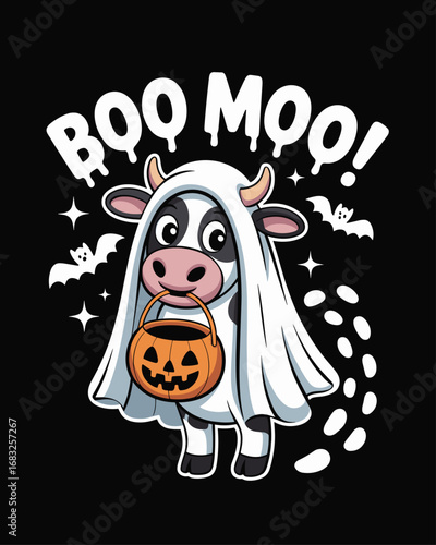 Funny vector illustration of a Halloween cow with "Boo Moo"