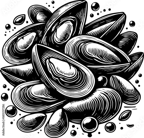 A monochrome illustration showcasing a cluster of mussels with detailed shell textures and small bubbles around them