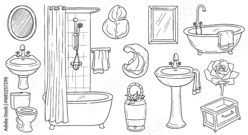 Bathroom line art sketch set. Fixtures, bath, shower, sink, mirror, towel, rose, and decor. Interior sketch doodle elements. Vector illustration