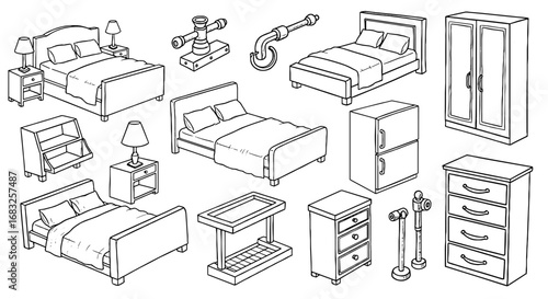 Furniture line drawing element set. Bed, closet, dresser sketch icon. Home interior scribble shape. Vector illustration