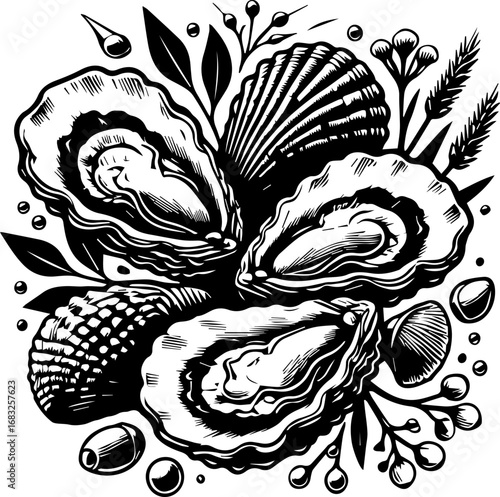 Monochrome drawing of oysters and seashells surrounded by seaweed and small bubbles in a square format