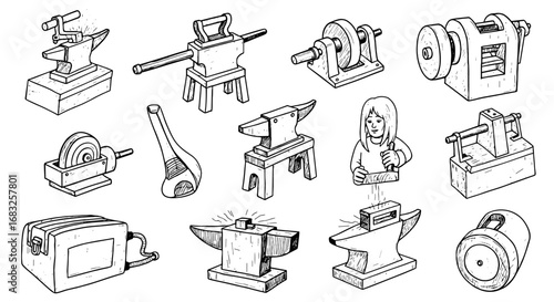 Anvil sketch hand drawn tool set. Smithy, grindstone, forge doodle illustration.