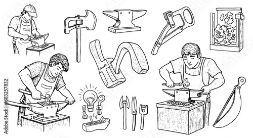 Blacksmiths craft tools: anvil, hammer, tongs line sketch. Men work forge with precision. Tools, labor, craftsmanship. Vector illustration