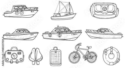 Hand drawn boat, bicycle, and bag sketch set. Nautical, travel, and recreational objects. Black outline vector illustration.