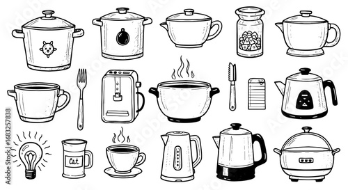 Kitchen tools hand drawn sketch line icon set. Doodle pot, teapot, coffee maker line scribble kitchen utensil shape. Vector illustration