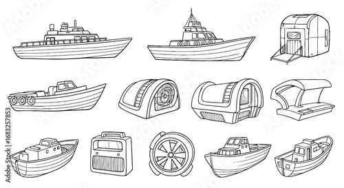 Line drawing boat, pod, shelter sketch set. Nautical transportation, futuristic capsule, portable structure outline. Minimalist doodle icon collection.