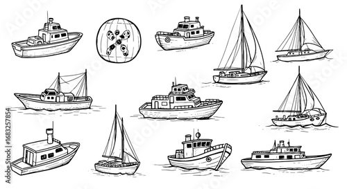 Line sketch boat, ship and sailboat set. Hand drawn scribble vessel nautical doodle with sketch pen. Transportation vector illustration
