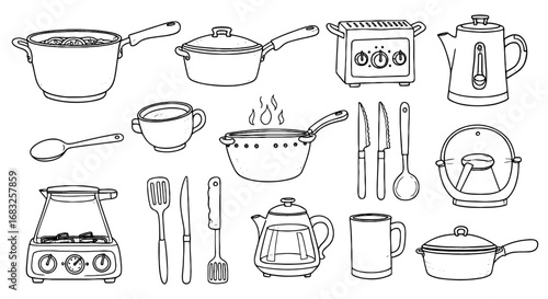 Kitchen utensils line drawing set. Pot, pan, toaster, kettle, appliances, cutlery, mug, cooking. Hand drawn sketch black and white.
