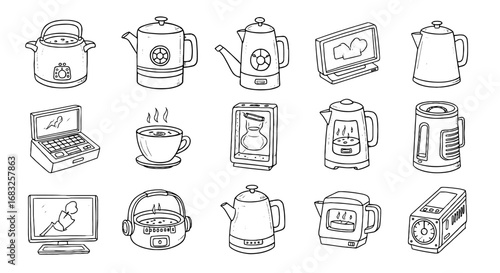 Hand-drawn kitchen appliance and electronic device doodle set. Sketch style kettle, laptop, and monitor kitchen utensil icons. Vector illustration