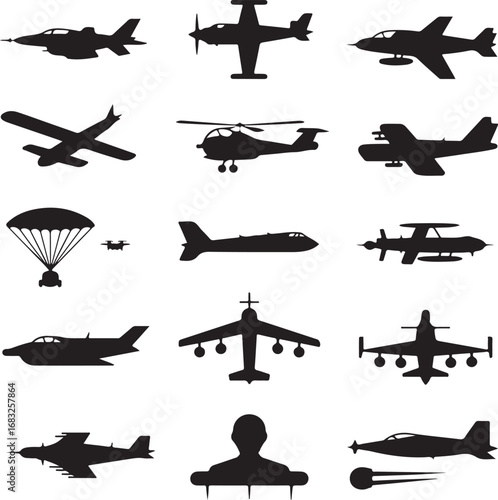 Silhouettes of various aircraft including jets, helicopters, and propeller planes airplane