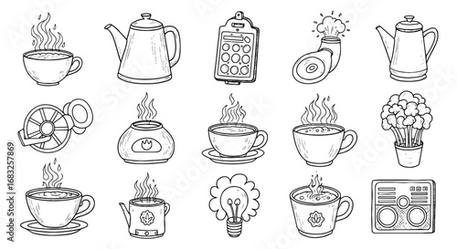 Hand drawn doodle tea coffee pot sketch set. Tea cup drink steam vintage element flower heart radio decor. Sketch graphic icon illustration