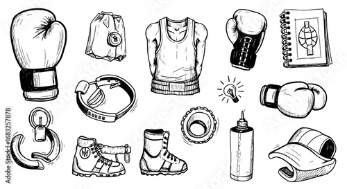 Boxing sketch element set. Hand drawn vector sketch doodle sport icon. Glove, boots, shorts, helmet. Training equipment vector illustration