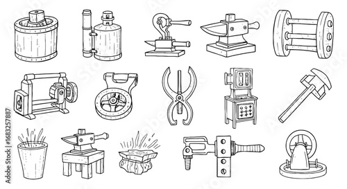 Blacksmith tools line art set. Sketch tool anvil hammer, hand-drawn metalworking forge equipment set. Vector illustration