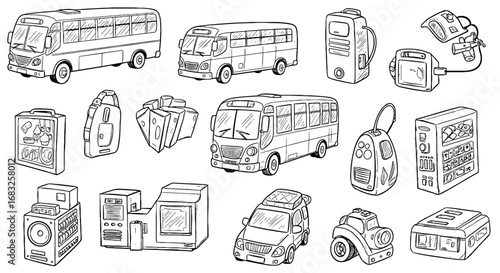 Line sketch hand drawn bus, tech gadget set. Sketch drawing doodle vector graphic pen underline scribble icon element. Cute transport, box shape. Illustration