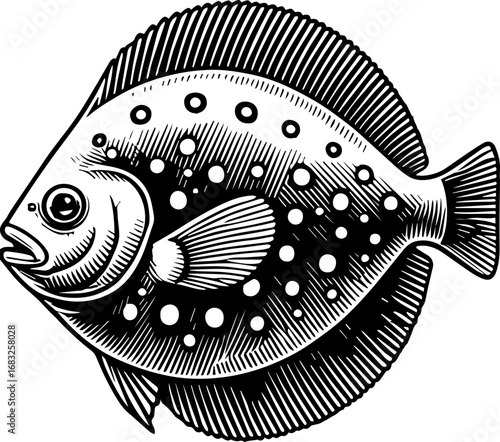 Illustration of a black and white flatfish with detailed lines and circular spots on its body design style