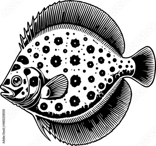 Illustration of a spotted fish with detailed fins and scales in black and white drawing style artwork design
