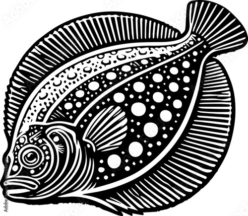 Detailed black and white illustration of a flatfish with intricate patterns and a circular background