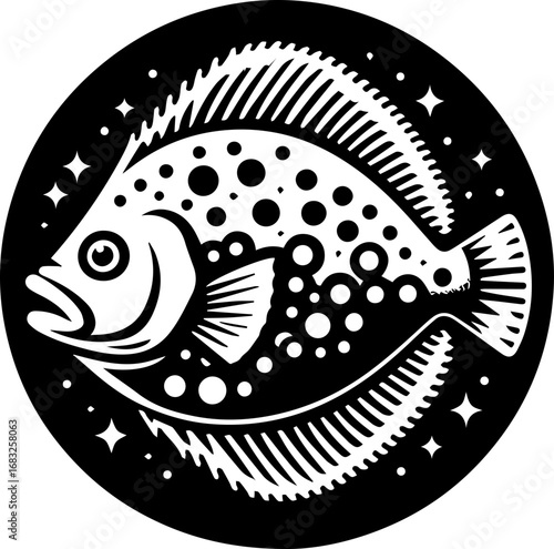 Illustration of a flatfish with spots inside a circle with decorative elements in black and white style
